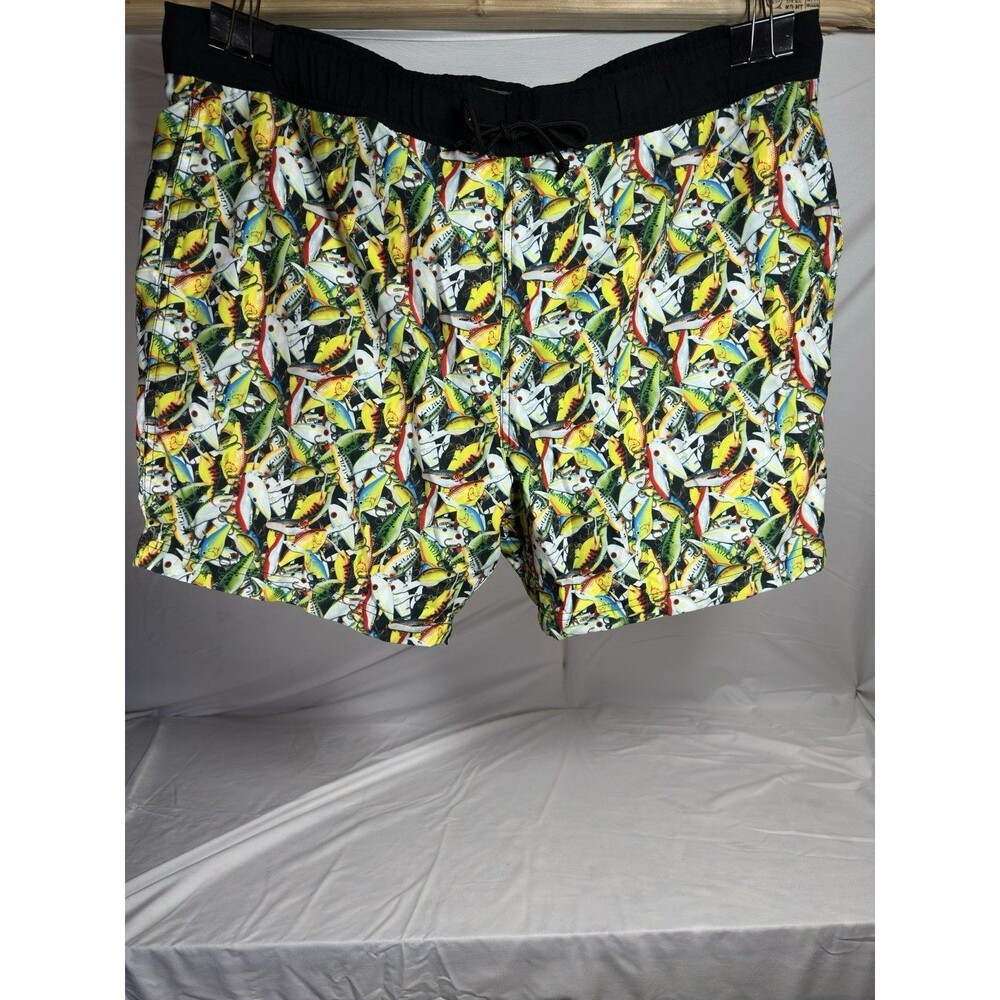 Bass Pro Shops Men Swimwear ~Sz 2XL~Yellow Trunks Fishing Tackle Bait Graphic